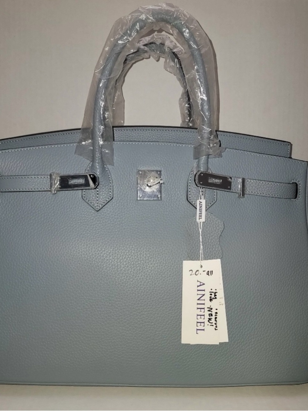 Ainifeel Pebbled Leather Tote in Pale Blue